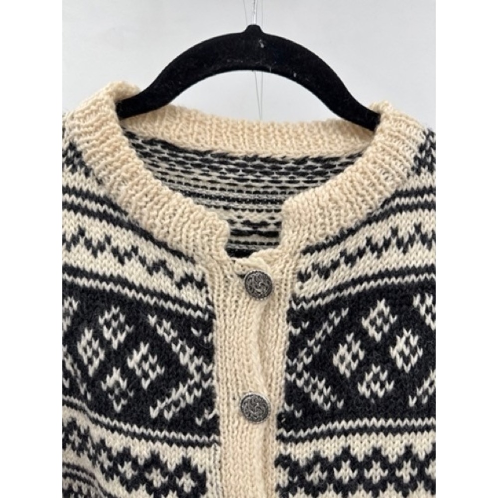 Vintage Unisex Cream Black Nordic Fair Isle Cardigan Sweater LARGE Cottage Folk - Picture 3 of 9